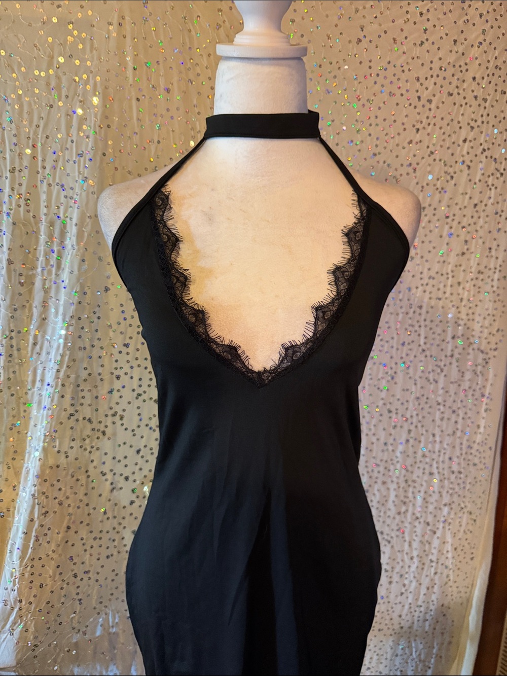 Black Lace-Trim Halter Evening Wear